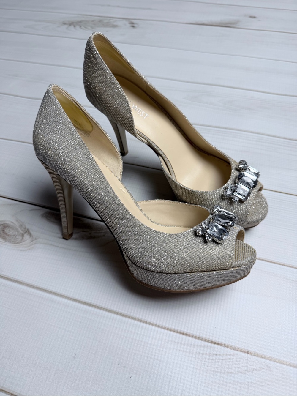 Nine West Shimmering Gold & Silver Metallic Crystal Peep-Toe D'Orsay Pumps